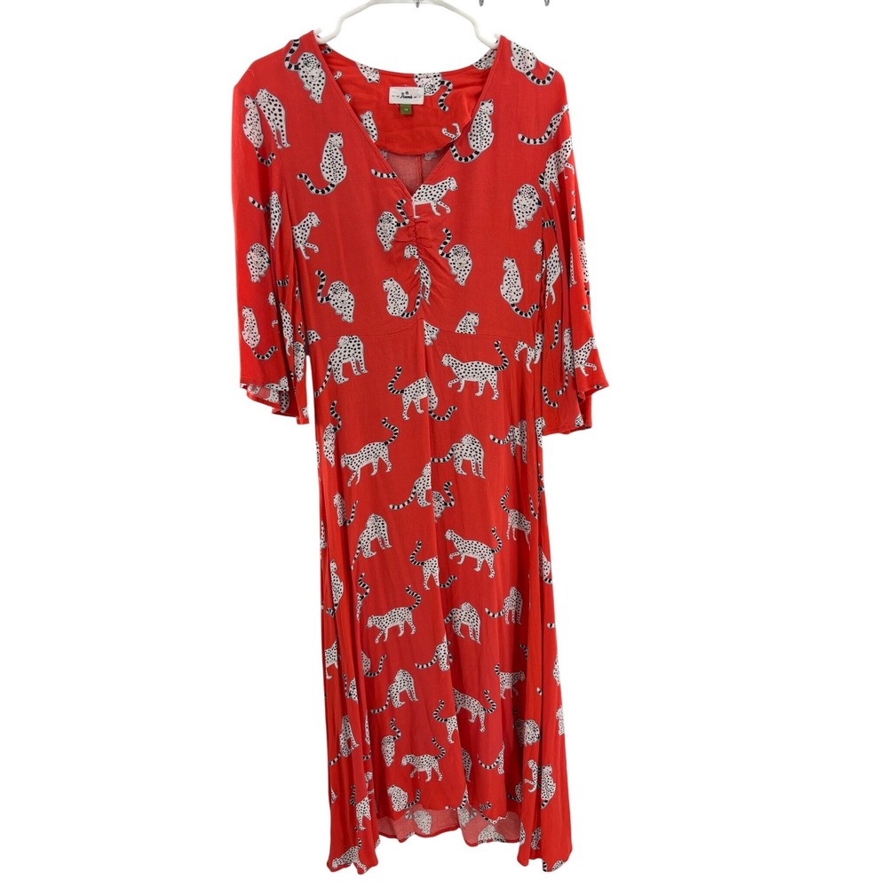 Anorak Red Leopard Print Midi Dress Womens 10 V-Neck Flare Sleeve Boho Rayon